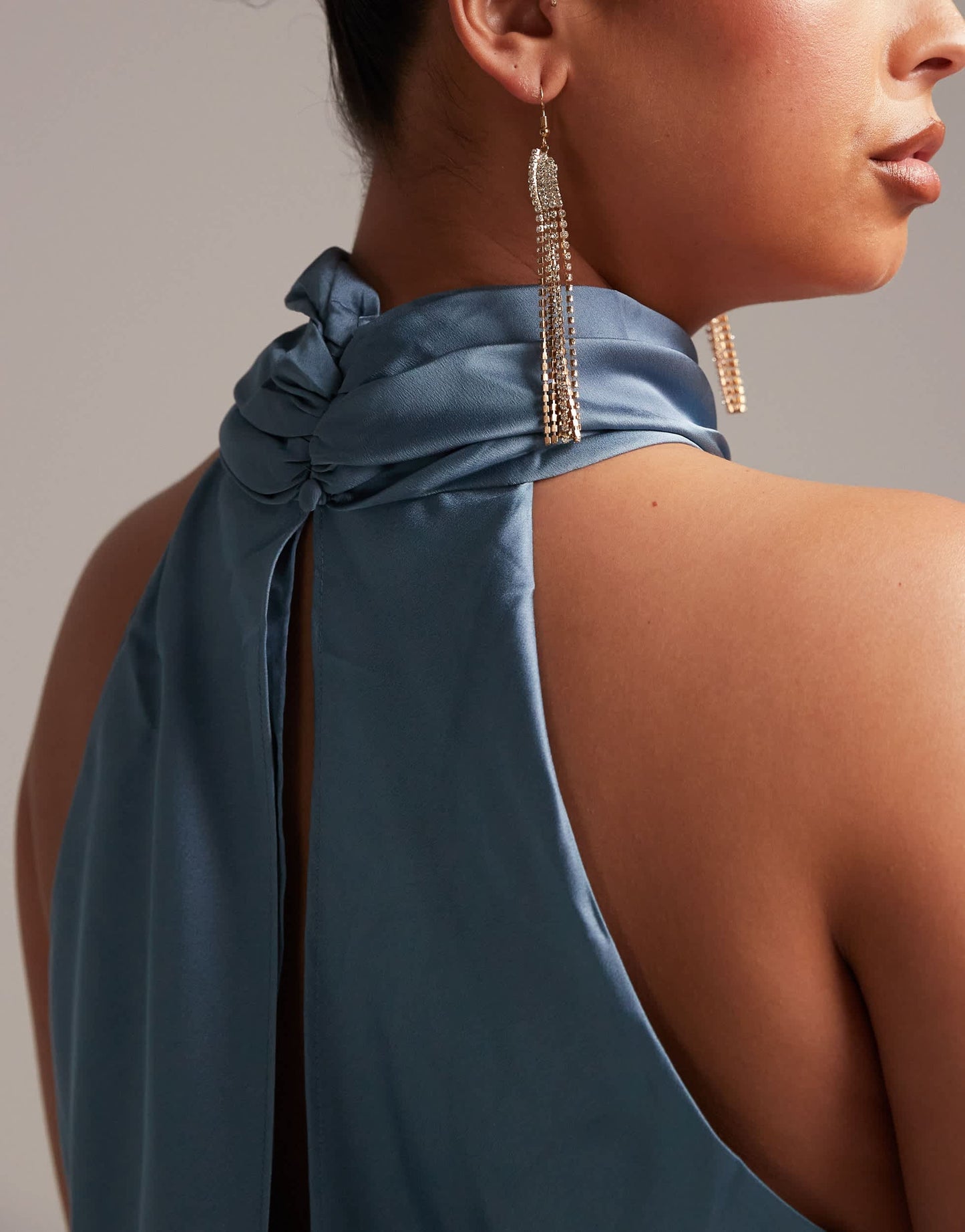 ASOS DESIGN Bridesmaid Curve satin ruched halter neck maxi dress in dusky blue
