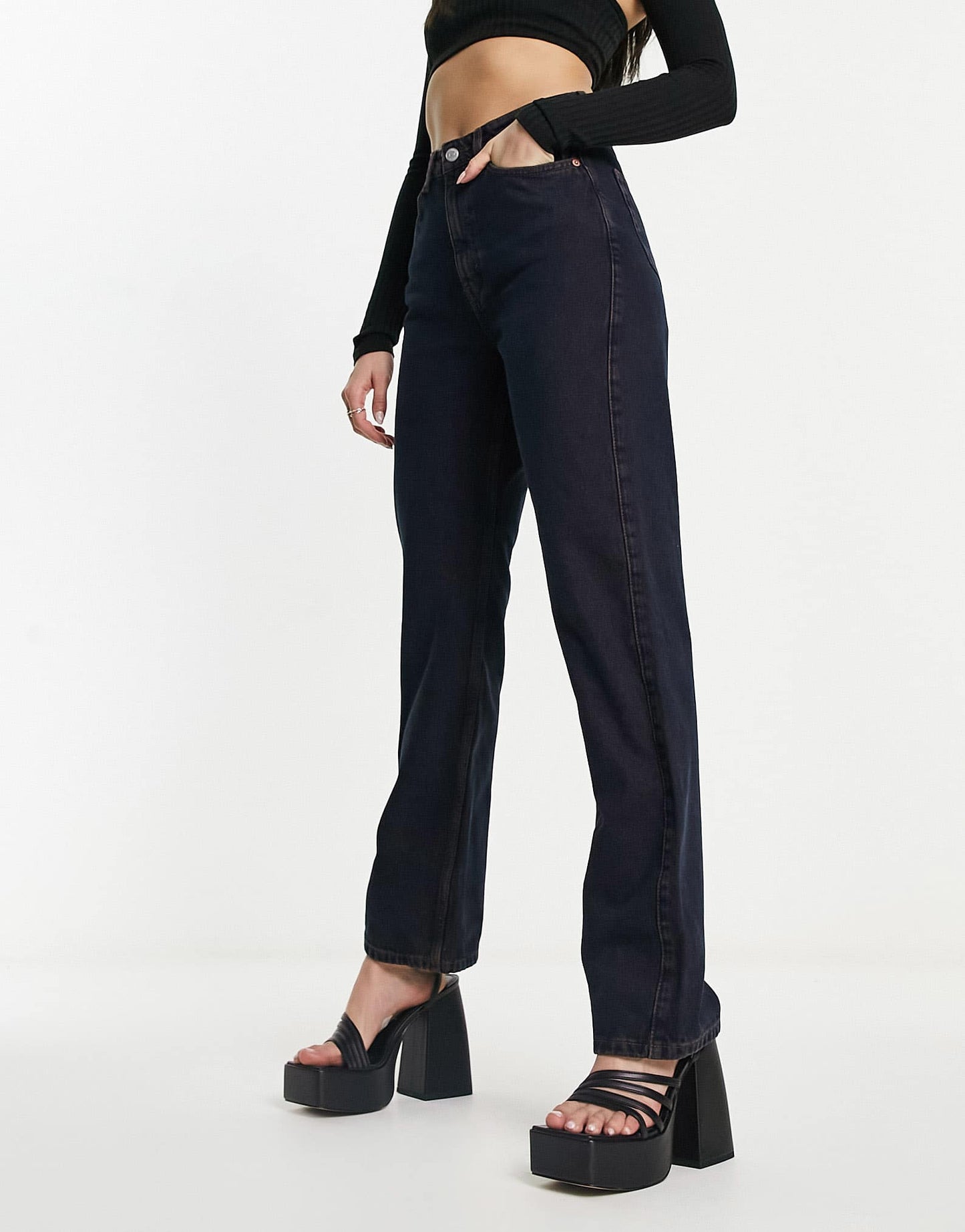 Weekday Rowe extra high waisted straight leg jeans in teal blue wash