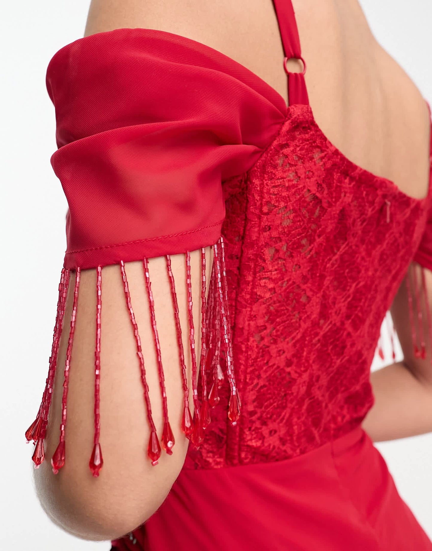 Starlet bardot maxi dress with thigh split in red floral lace with bead fringe