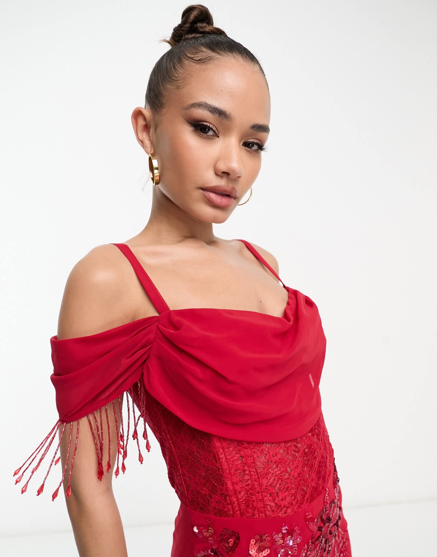 Starlet bardot maxi dress with thigh split in red floral lace with bead fringe