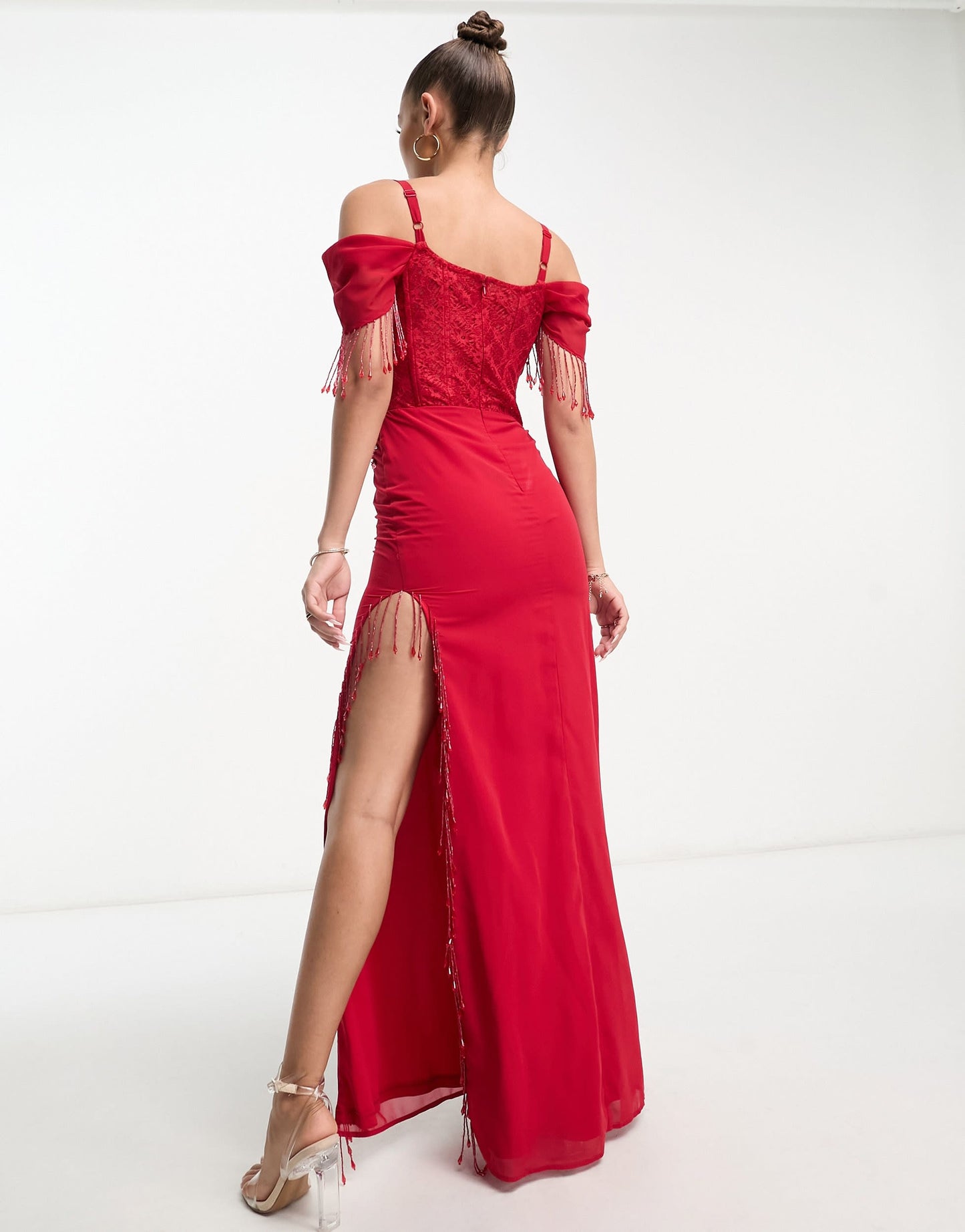 Starlet bardot maxi dress with thigh split in red floral lace with bead fringe