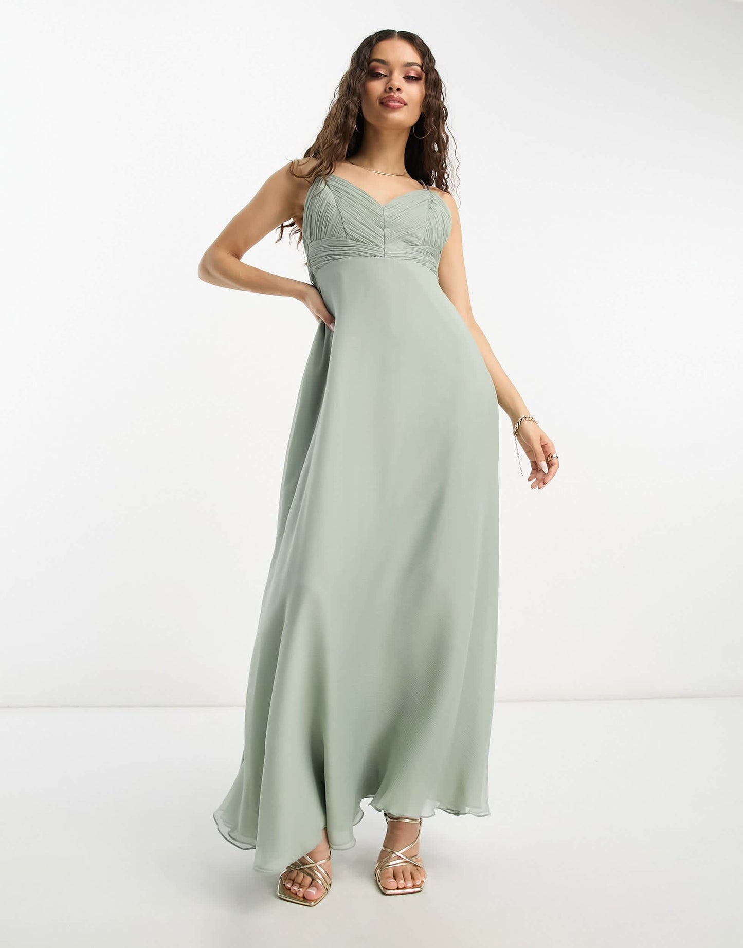 ASOS DESIGN petite bridesmaid cami maxi dress with ruched bodice and tie waist in olive