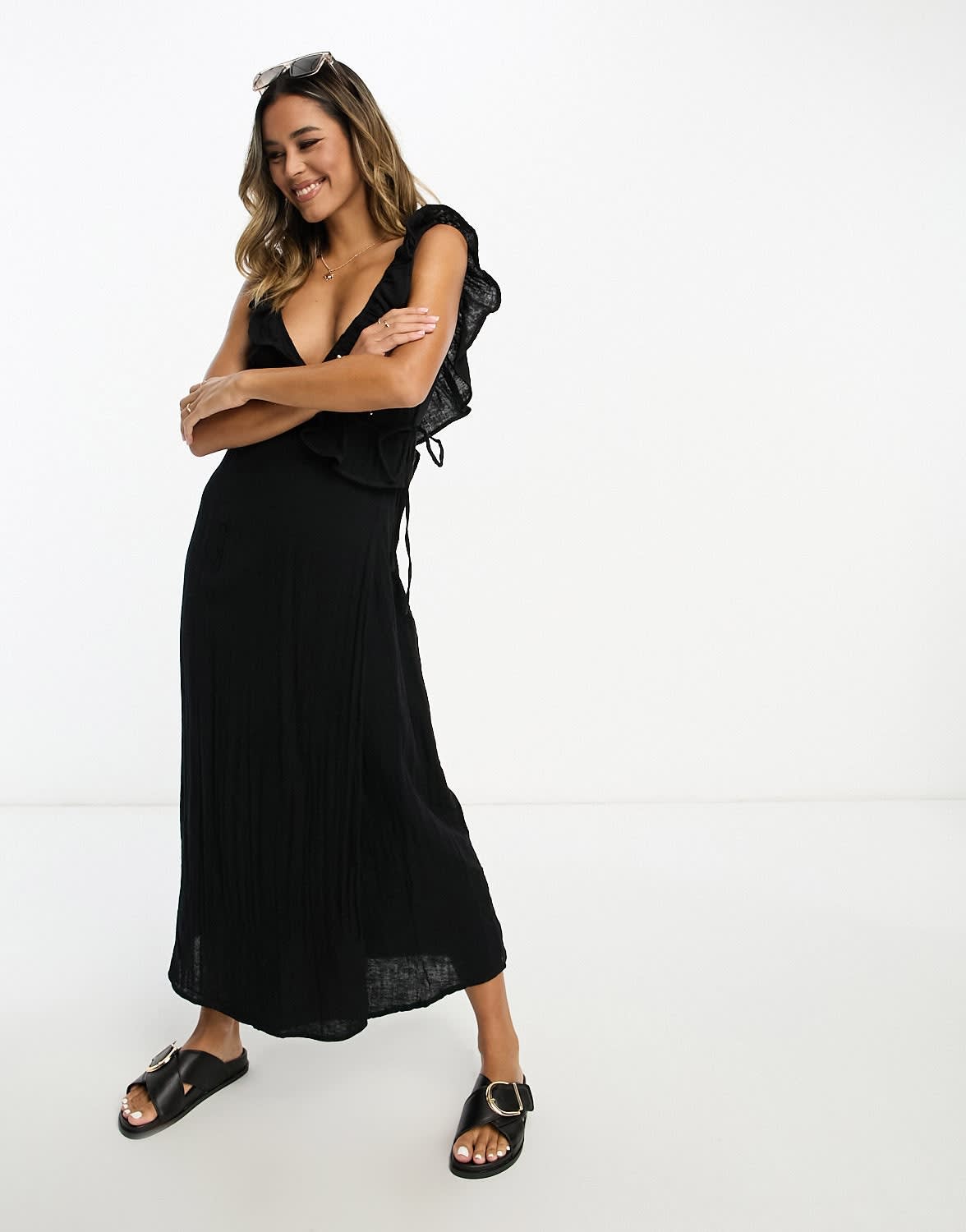 ASOS DESIGN ruffle detail midi wrap sundress in black