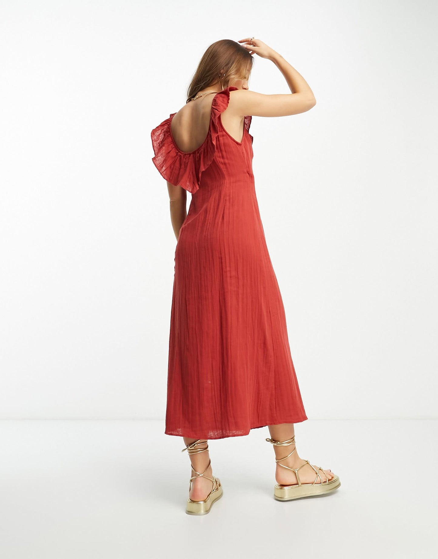 ASOS DESIGN ruffle detail midi wrap sundress in rust