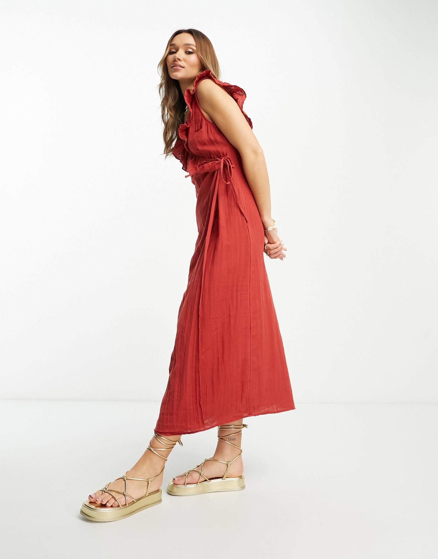 ASOS DESIGN ruffle detail midi wrap sundress in rust