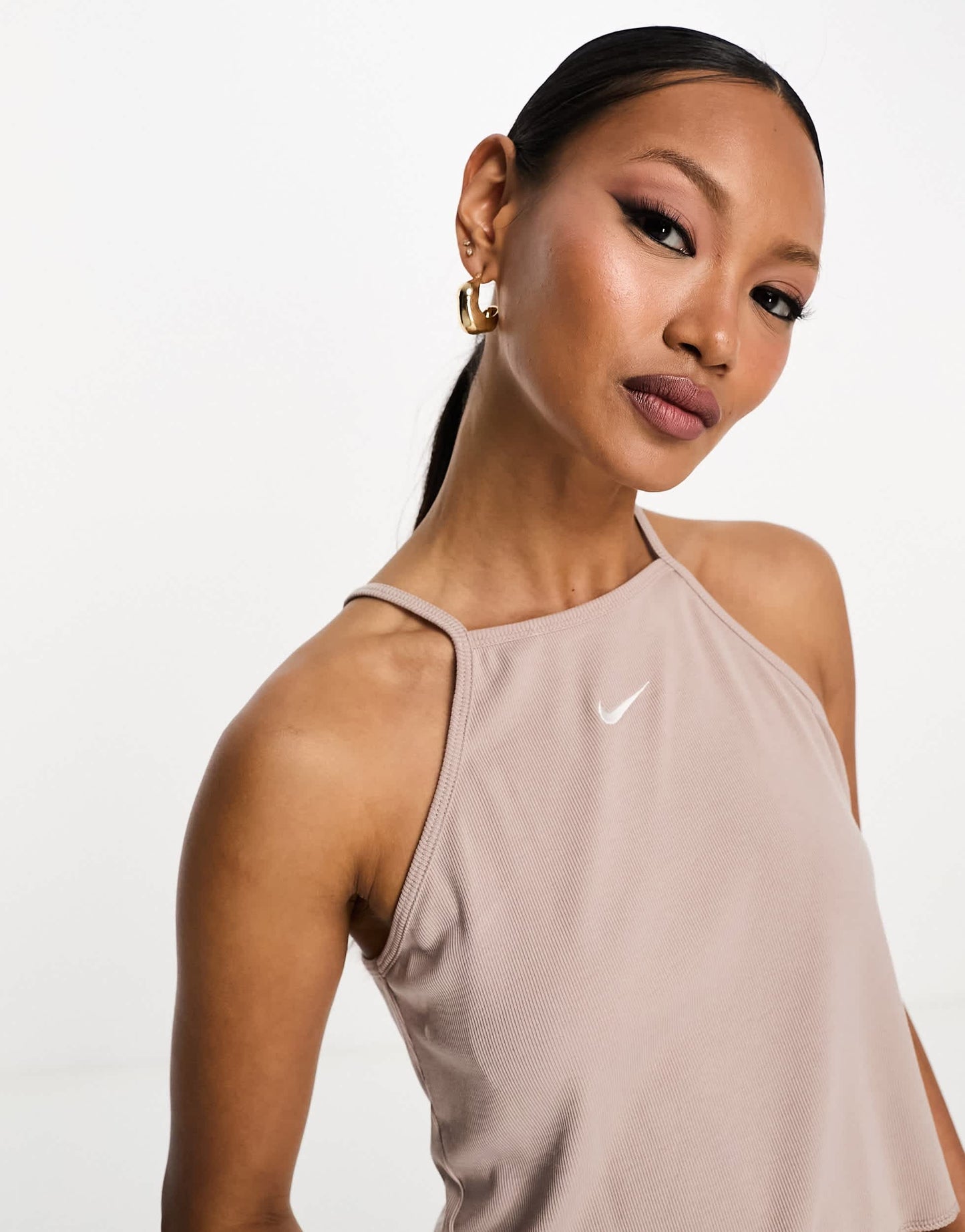 Nike Essential mini swoosh rib cami tank top in taupe