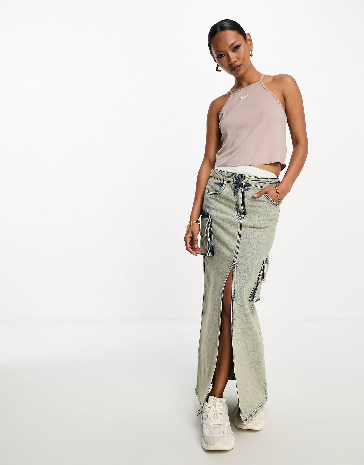 Nike Essential mini swoosh rib cami tank top in taupe