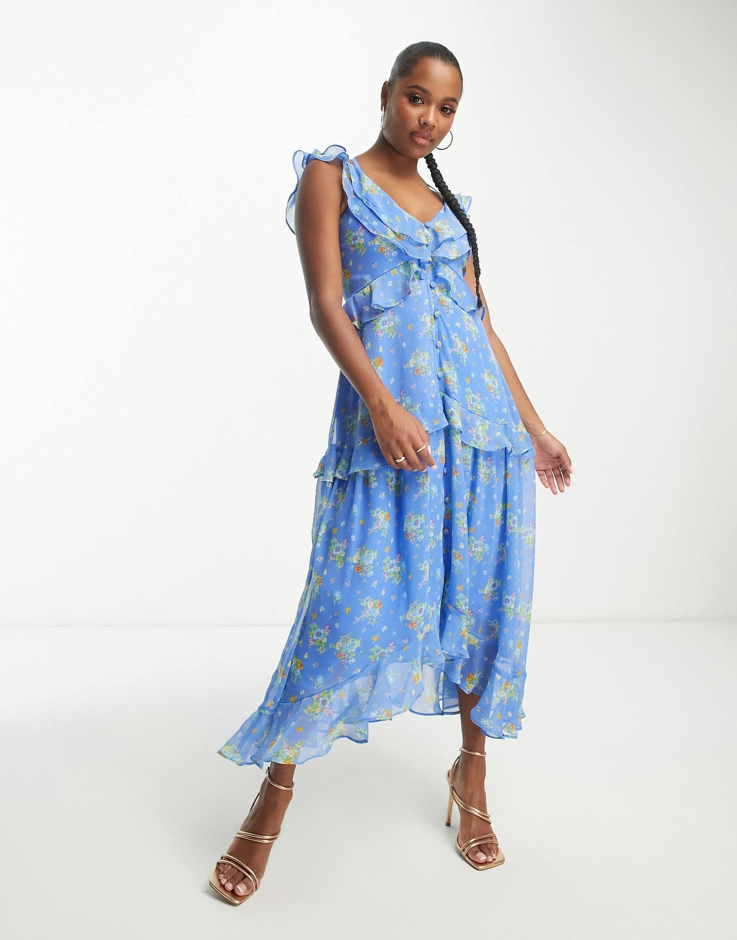 ASOS DESIGN Petite chiffon v neck frill midi tea dress with button through in ditsy floral
