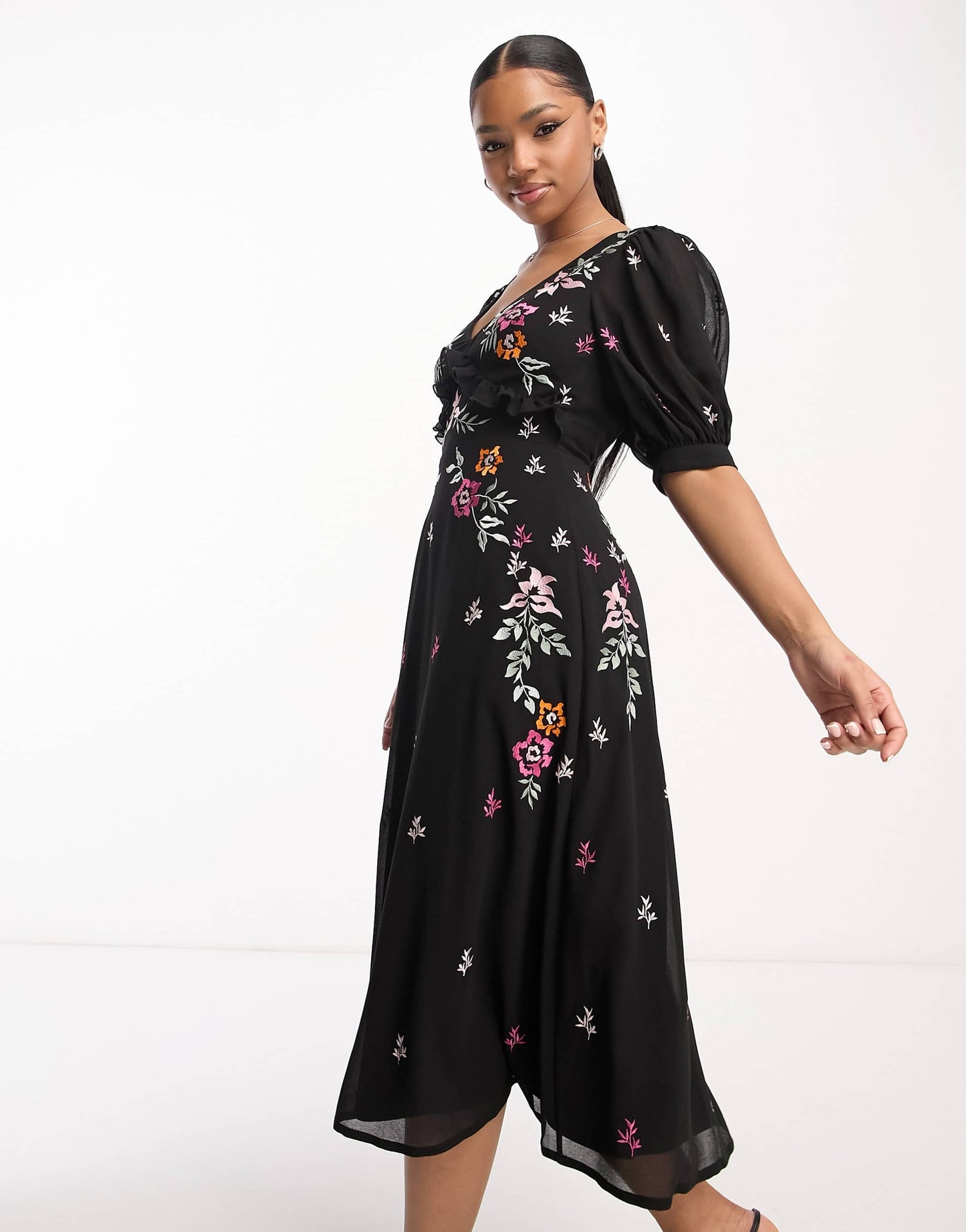 Maya embroidered v neck midi dress in black