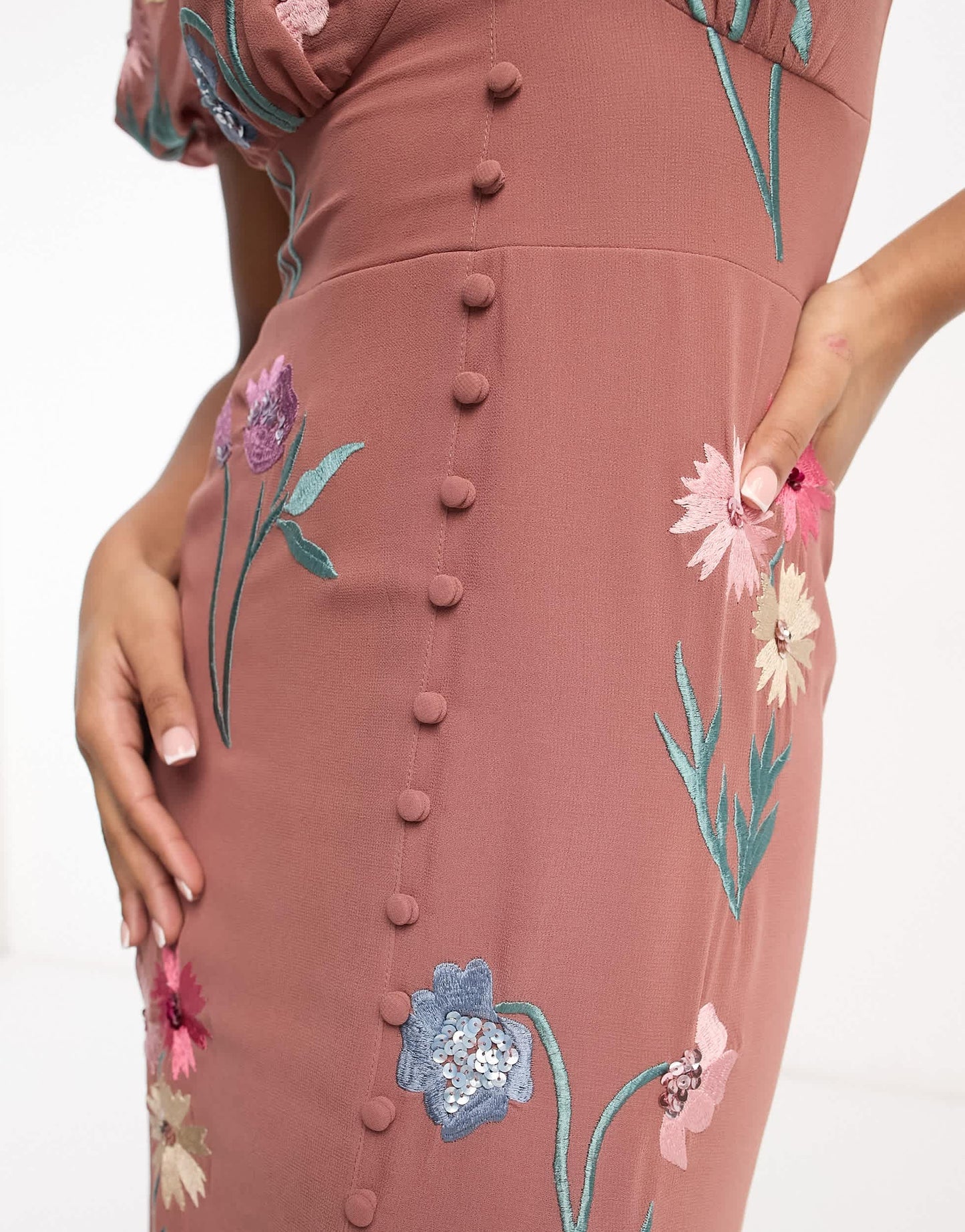 Maya puff sleeve embroidered maxi dress in caramel and pink
