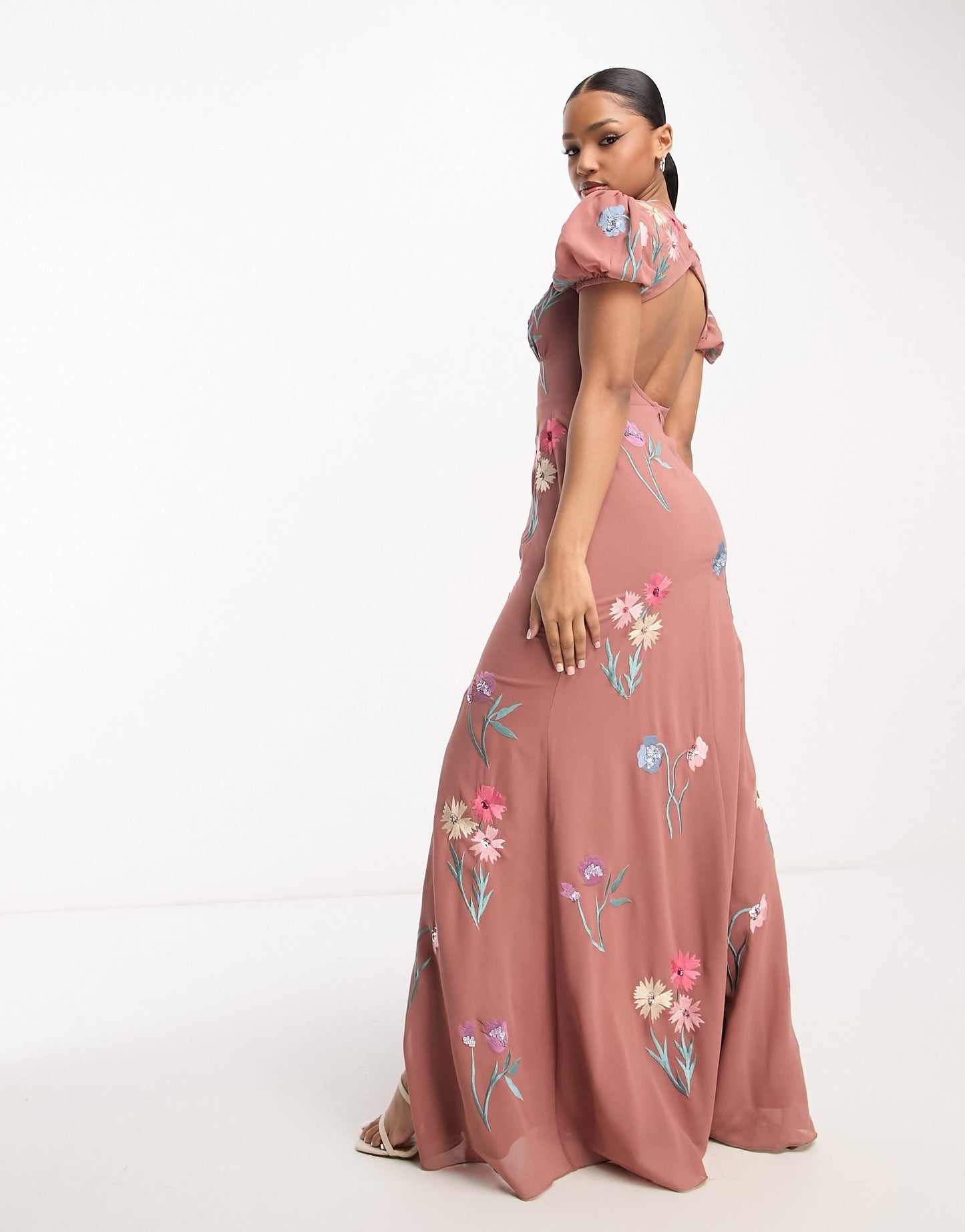 Maya puff sleeve embroidered maxi dress in caramel and pink