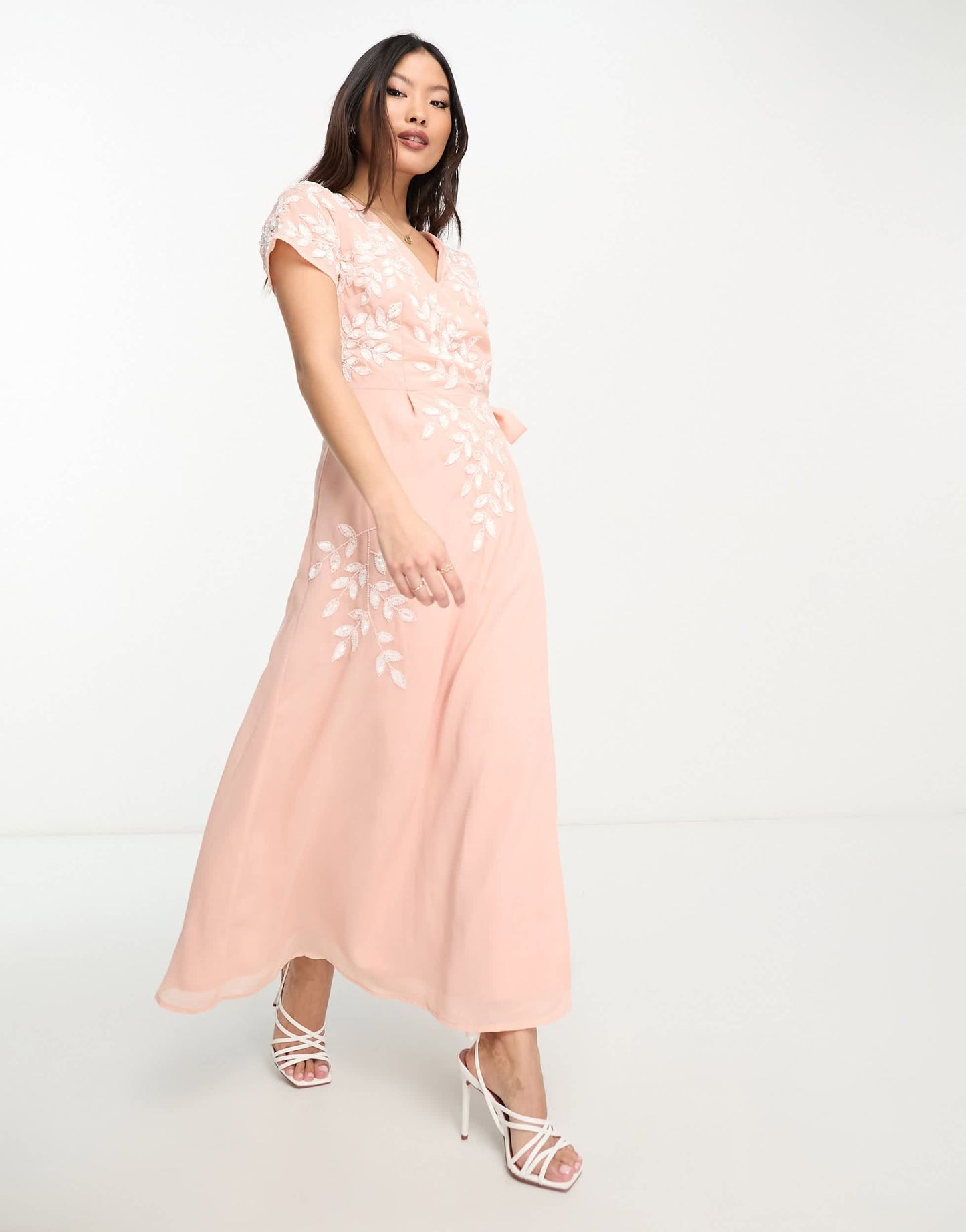 Maya wrap midaxi dress with contrast embroidery in peach