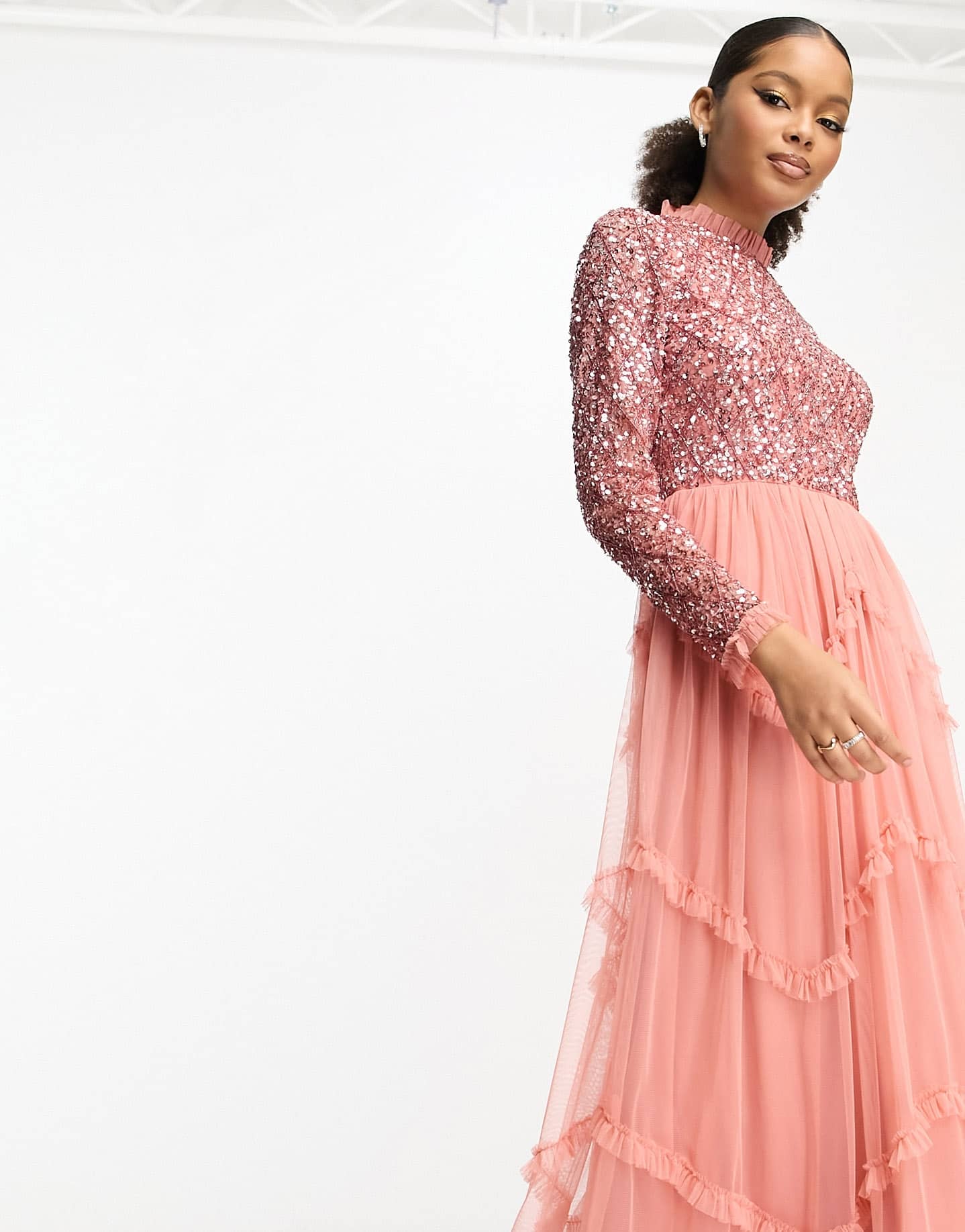 Maya delicate sequin long sleeve ruffle skirt maxi dress in terrocota pink