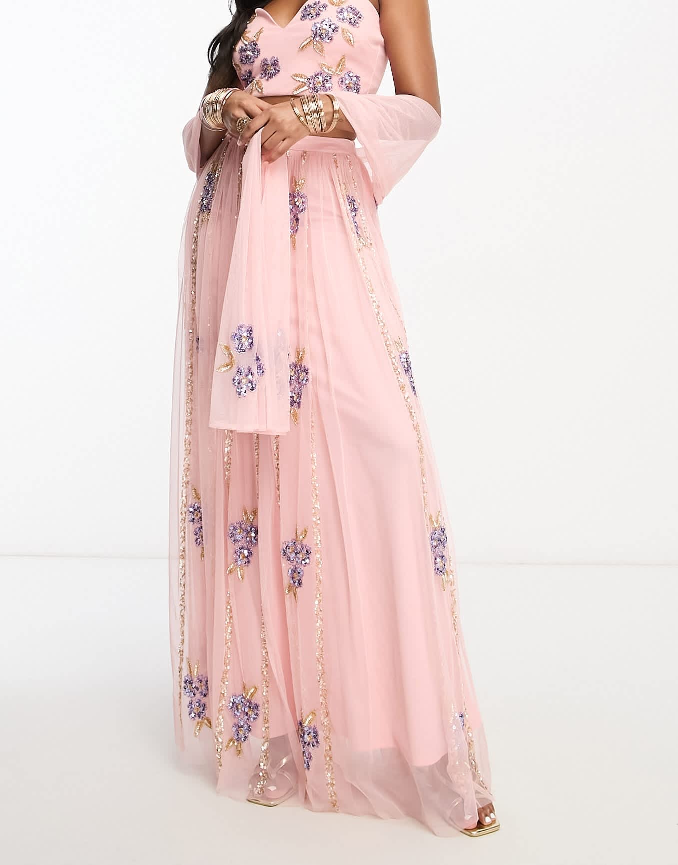 Maya floral embellished maxi skirt in pale pink co-ord
