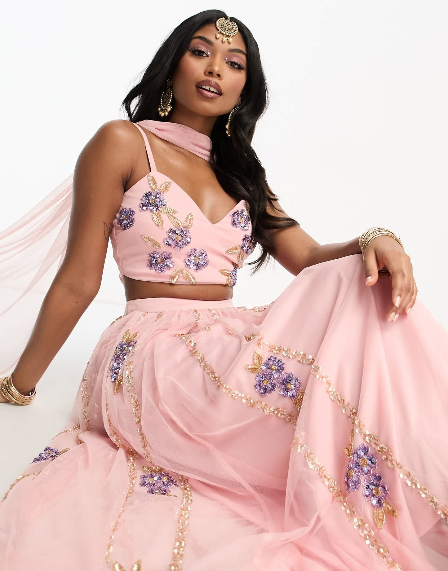 Maya floral embellished maxi skirt in pale pink co-ord