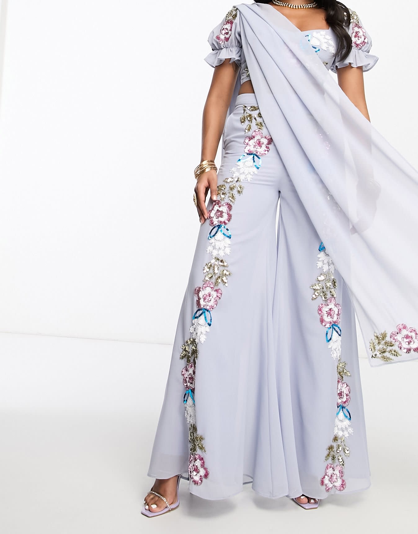 Maya contrast floral embellished sharara trouser in pale blue co-ord