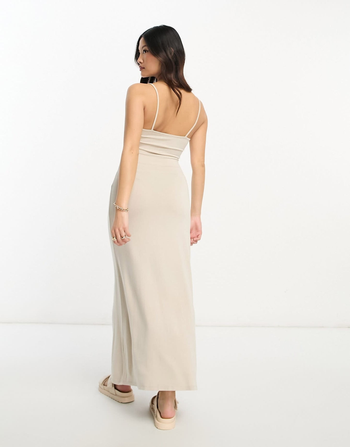 ASOS DESIGN Petite strappy ruched bust midi dress in stone