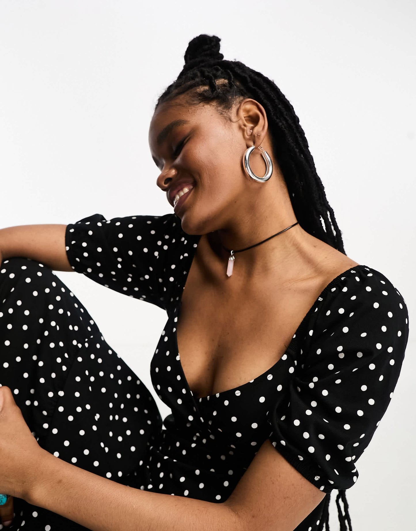 ASOS DESIGN short sleeve wrap tiered midi dress in black base spot