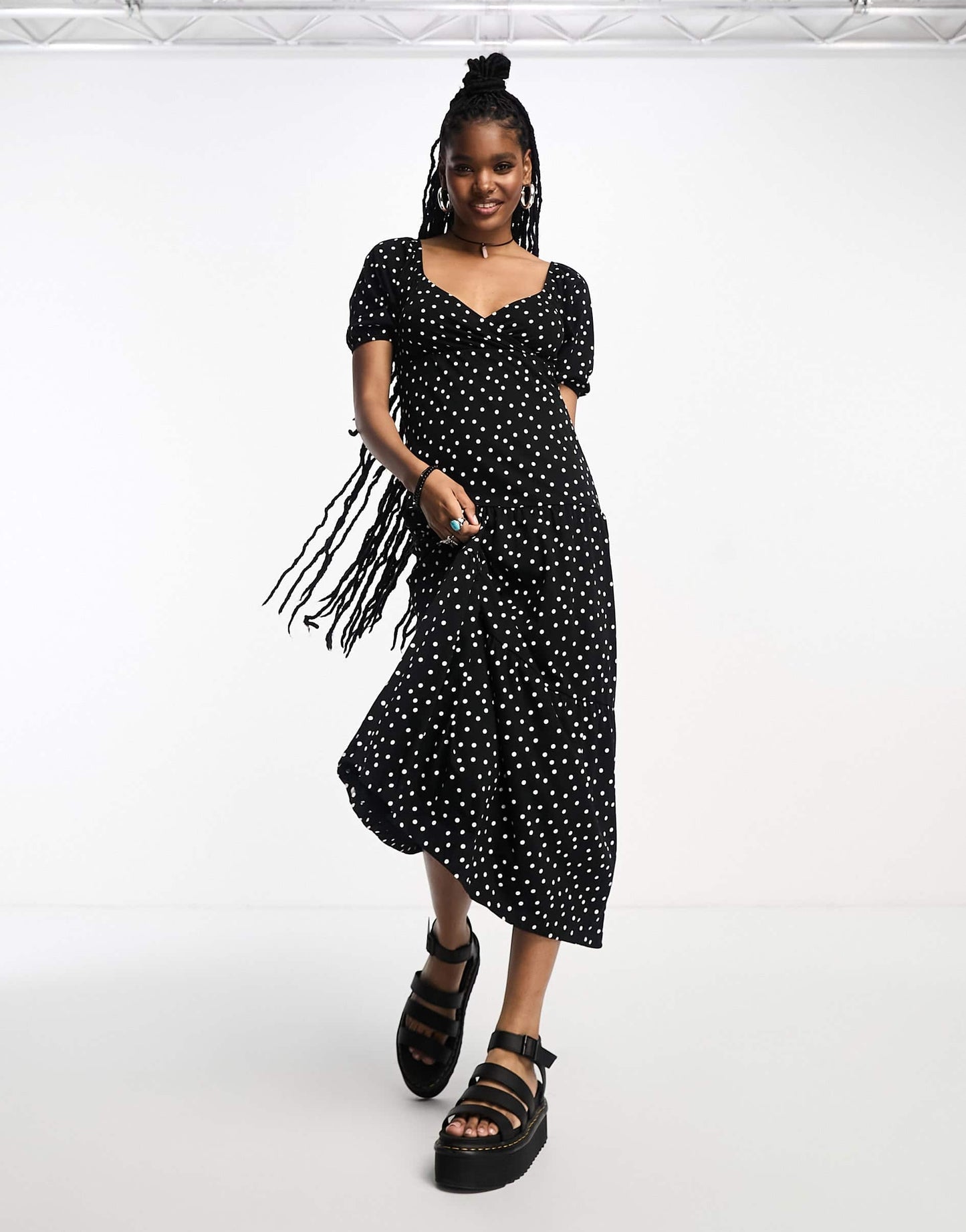 ASOS DESIGN short sleeve wrap tiered midi dress in black base spot