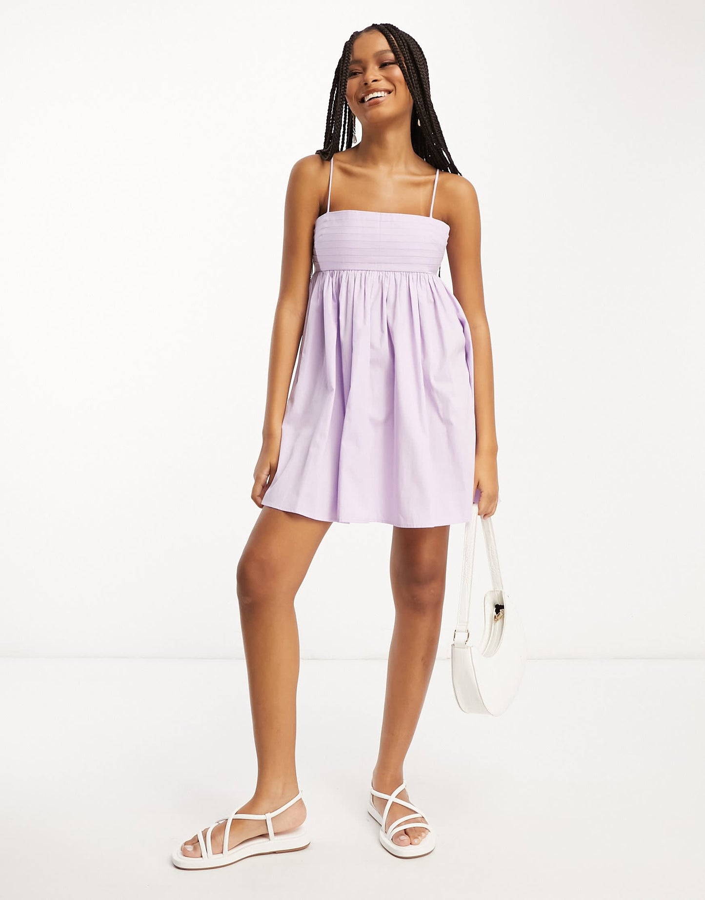 ASOS DESIGN cotton pleat bust babydoll mini sundress in lilac