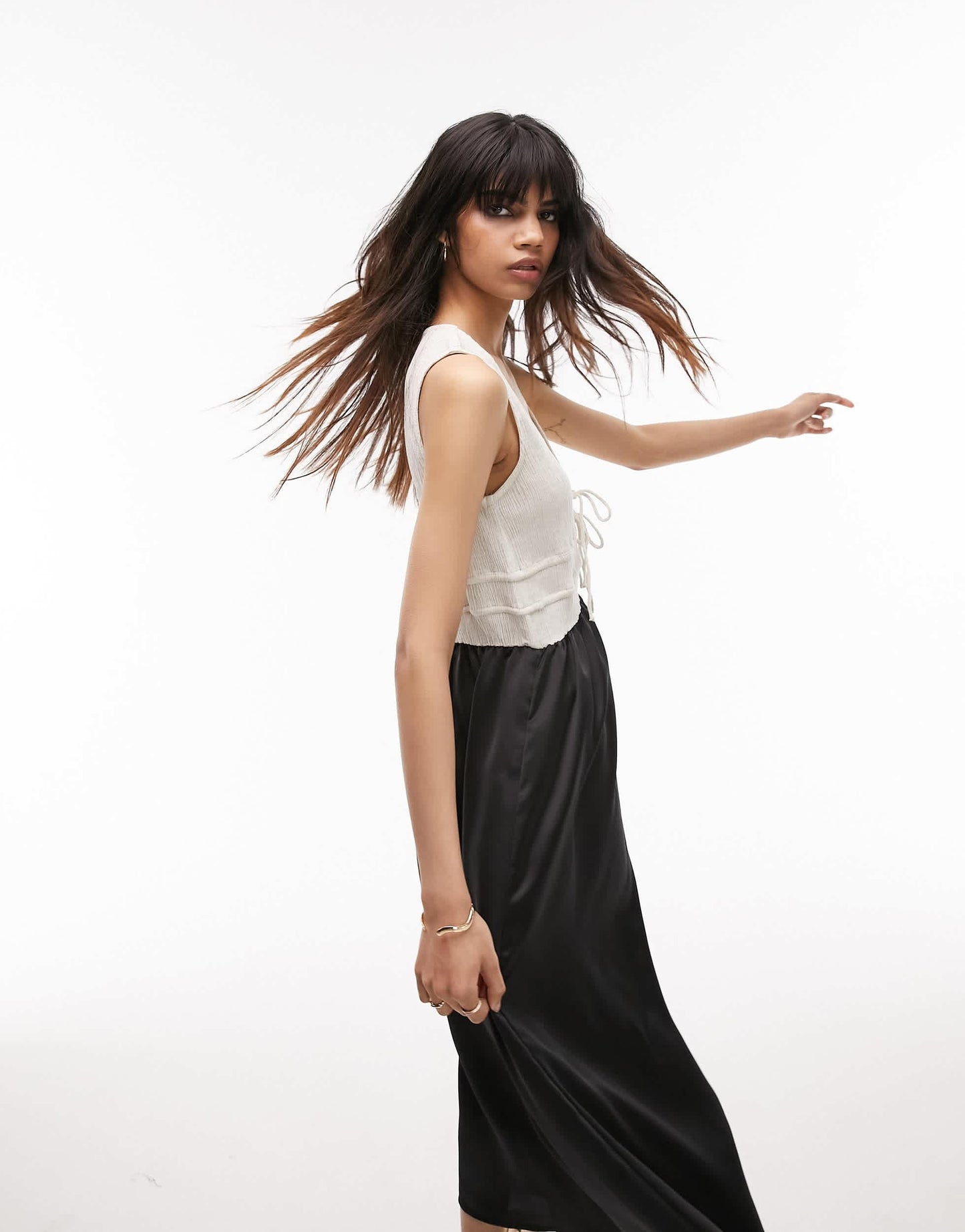 Topshop linen and satin channeled midi dress in neutral colour block