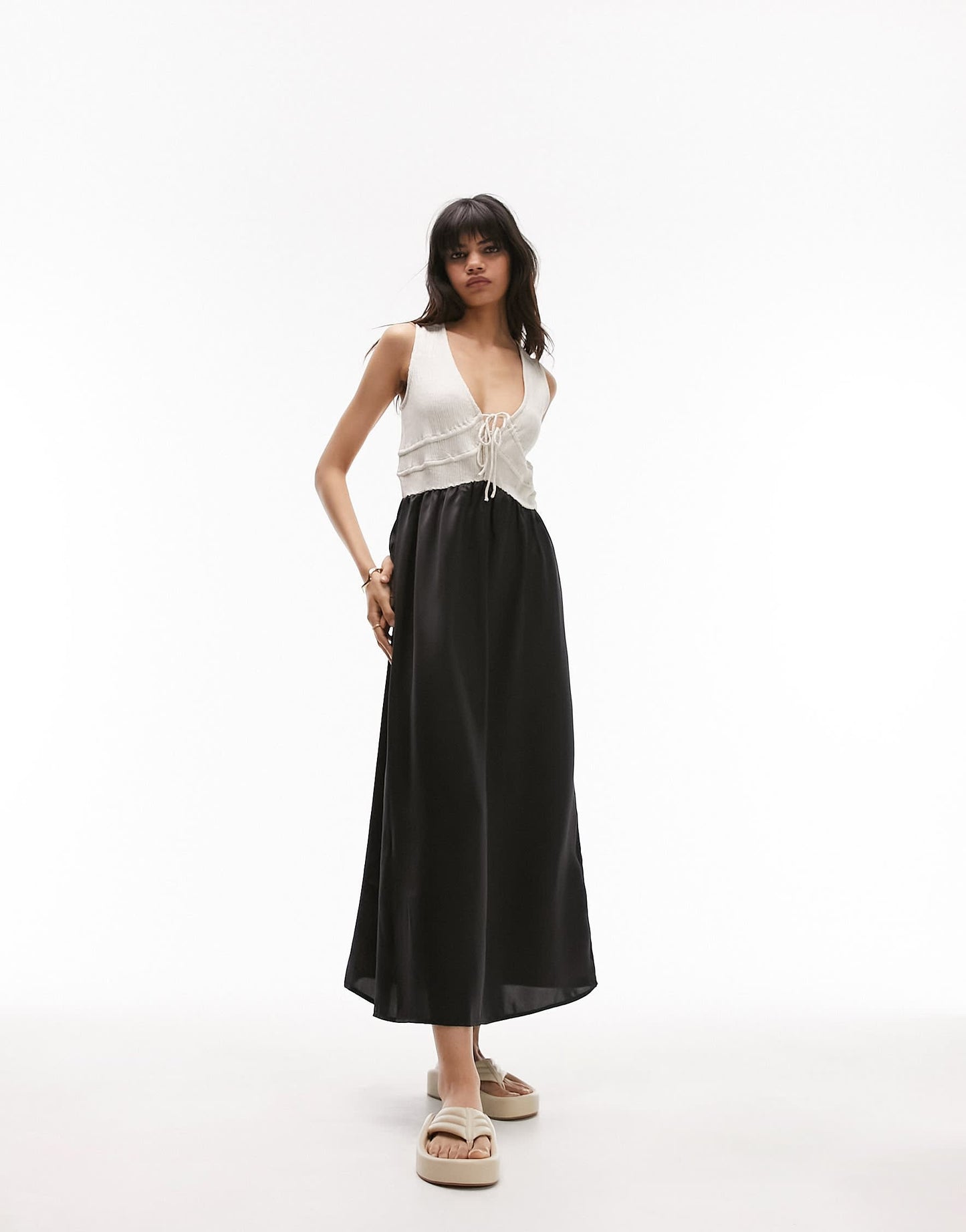 Topshop linen and satin channeled midi dress in neutral colour block