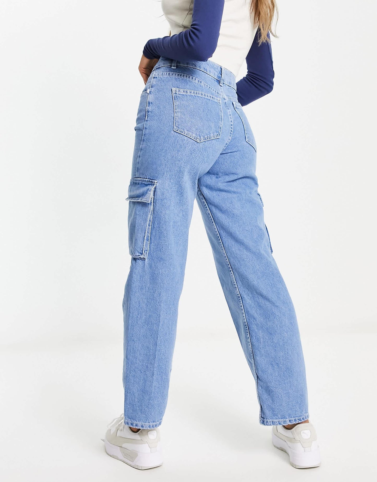 Bershka contrast stitch denim cargo trousers in blue