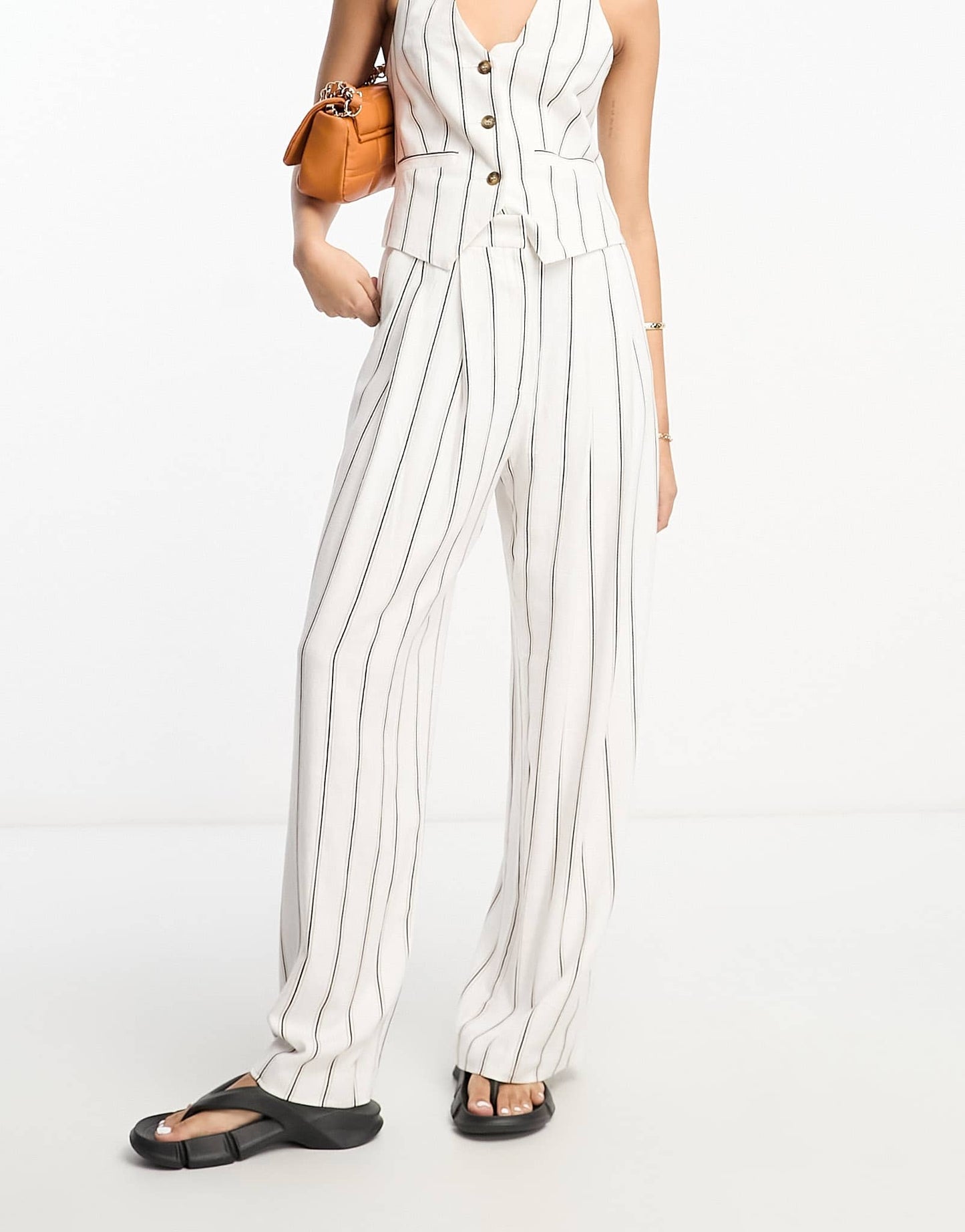 ASOS DESIGN striped inverted pleat wide leg trousers with linen in multi