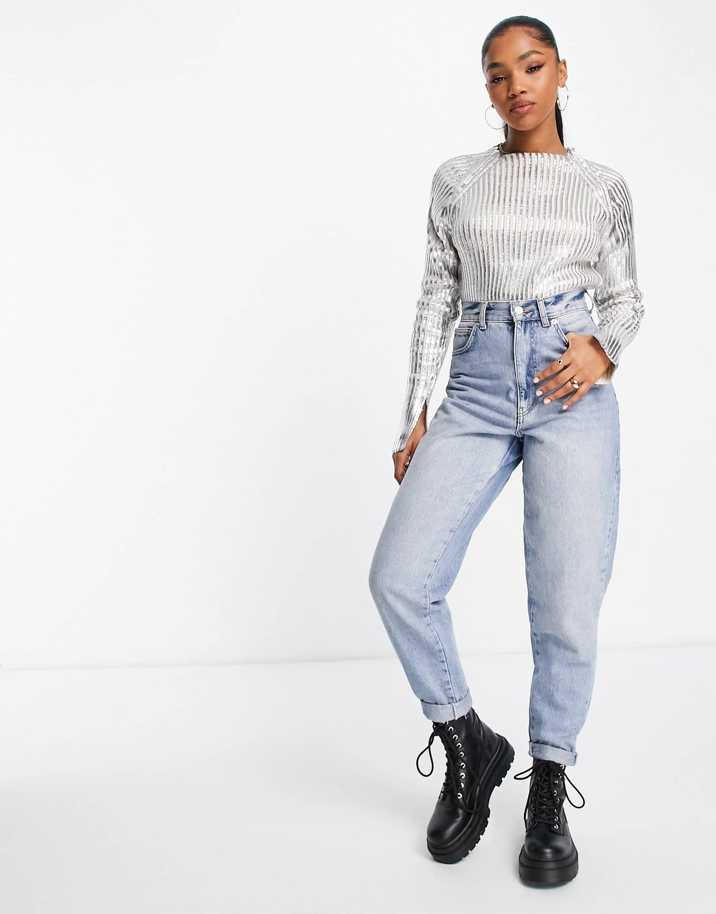 Pull&Bear foil long sleeve knitted jumper in silver