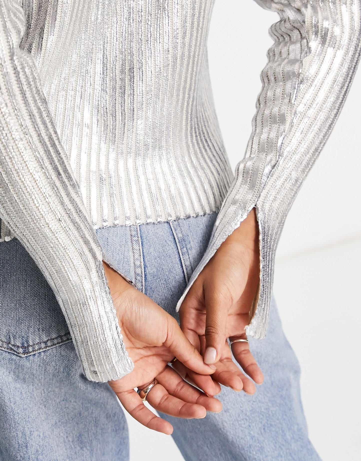 Pull&Bear foil long sleeve knitted jumper in silver