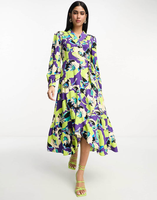 Y.A.S wrap collared midi dress in purple and lime abstract pansy print