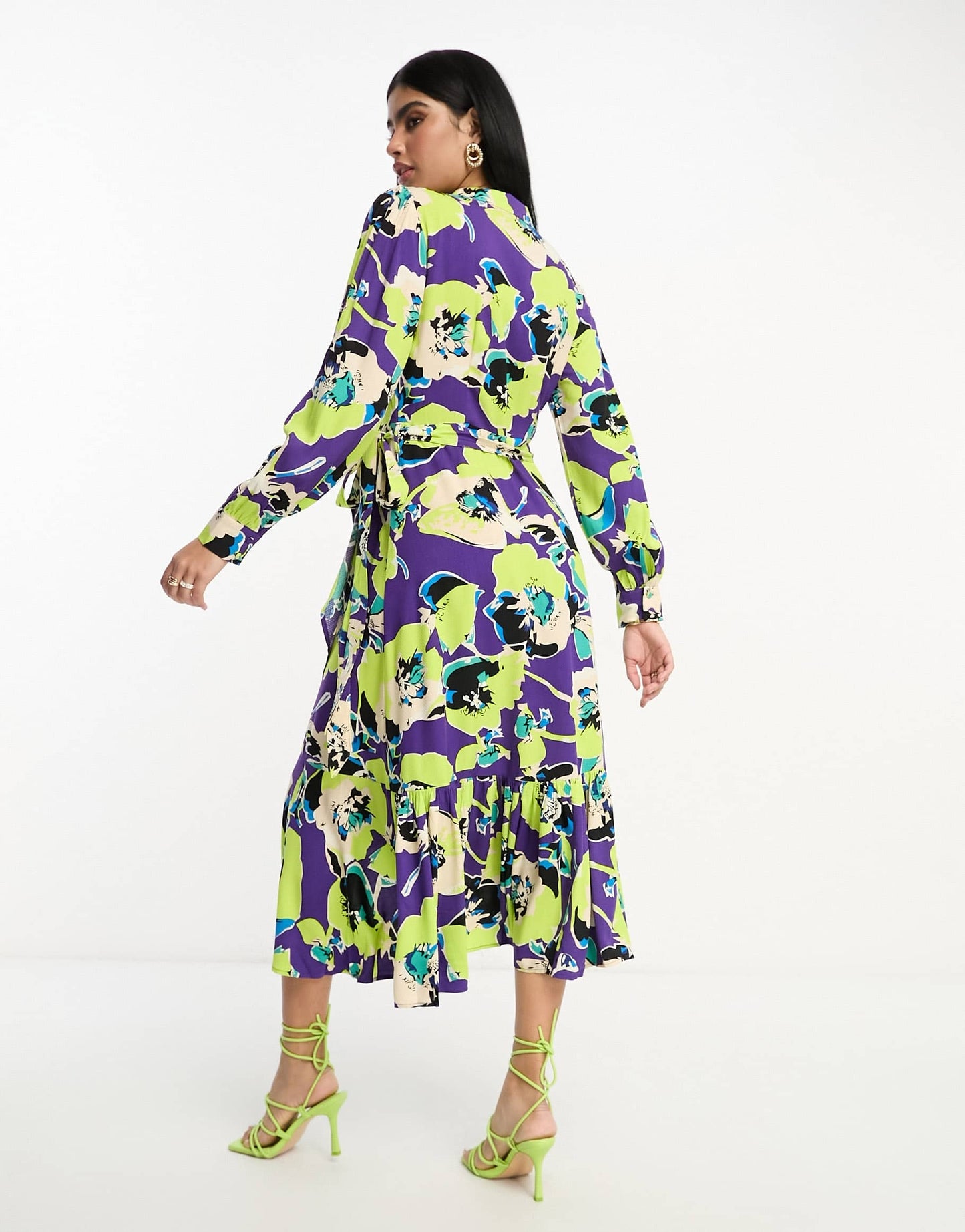 Y.A.S wrap collared midi dress in purple and lime abstract pansy print