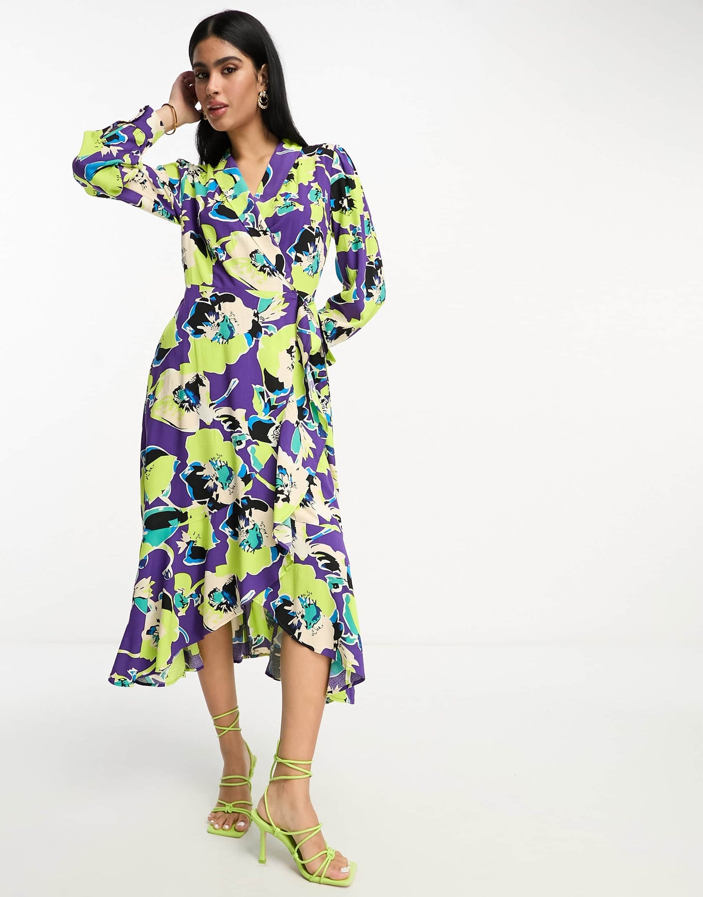 Y.A.S wrap collared midi dress in purple and lime abstract pansy print