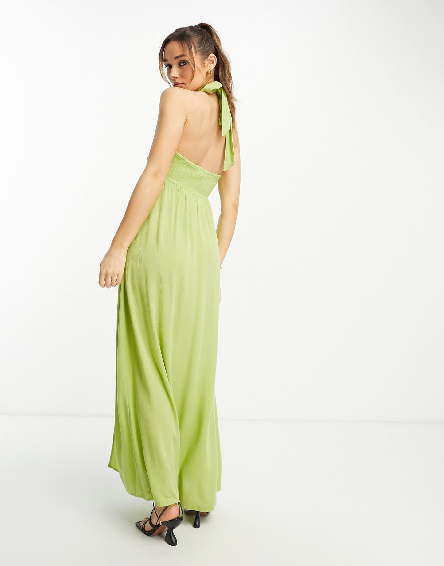 River Island shirred cut out halterneck maxi beach dress in lime green