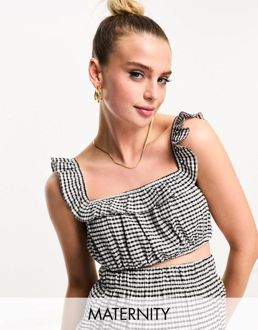 The Frolic exclusive Maternity square neck summer crop top in black and white gingham