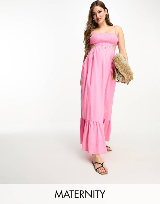 The Frolic exclusive Maternity emerald cut out maxi summer dress in pink lemonade