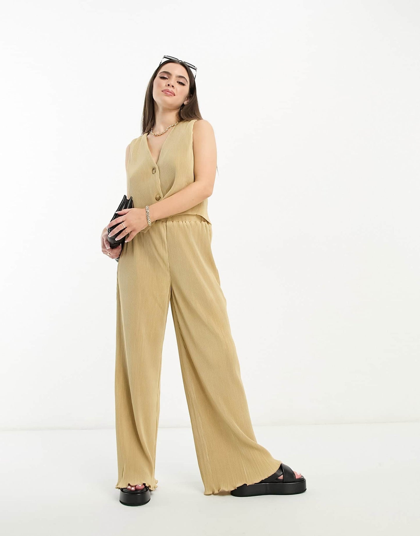4th & Reckless Petite exclusive plisse waistcoat co-ord in camel