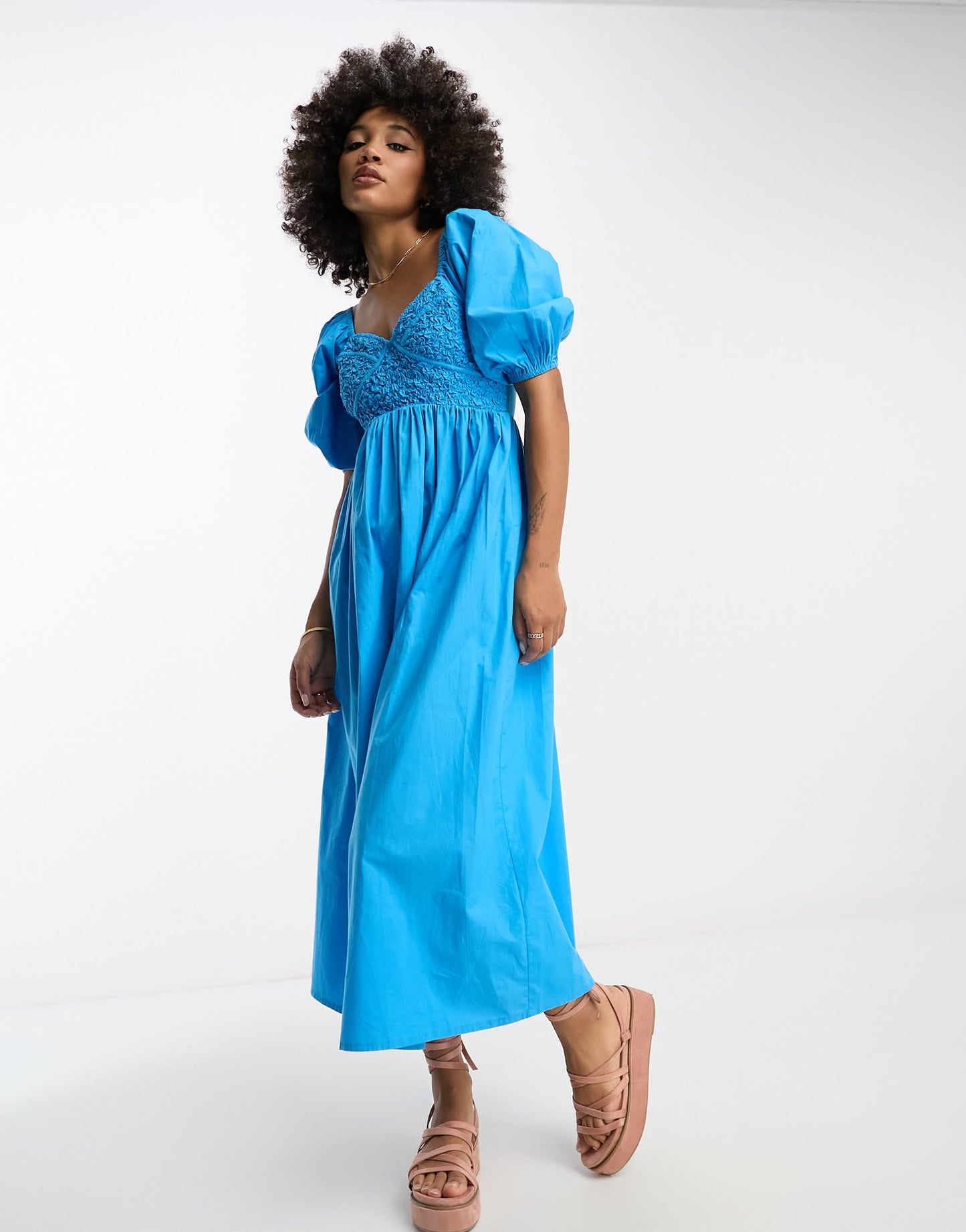ASOS DESIGN cotton shirred corset midi dress in blue