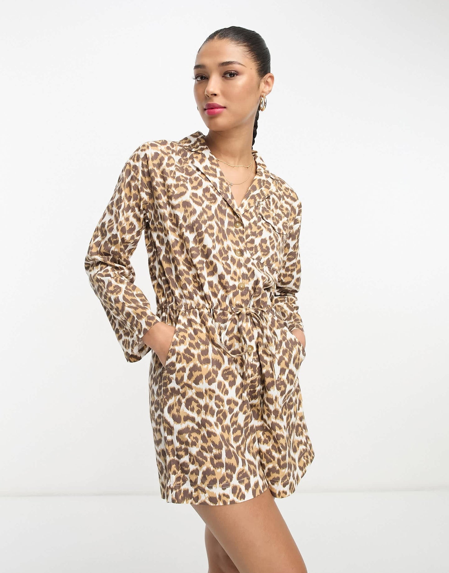 ASOS DESIGN slouchy linen look shirt playsuit with long sleeve in animal print