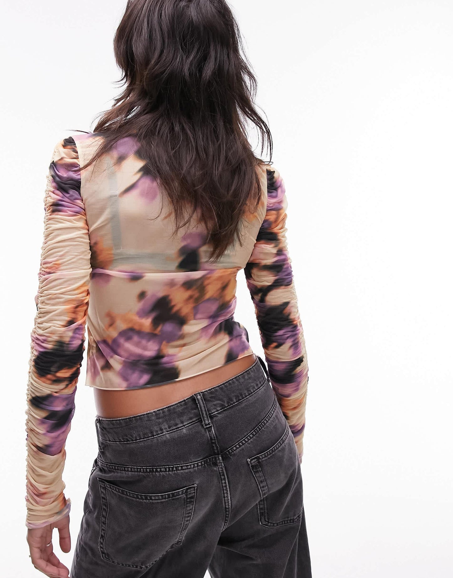 Topshop ruched blurred floral long sleeve mesh top in multi