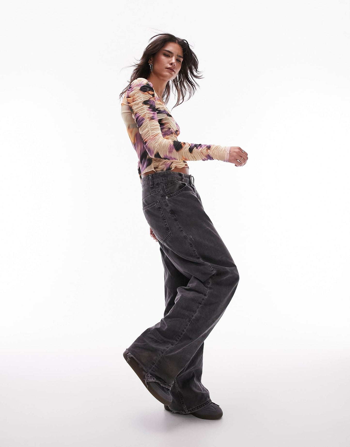Topshop ruched blurred floral long sleeve mesh top in multi