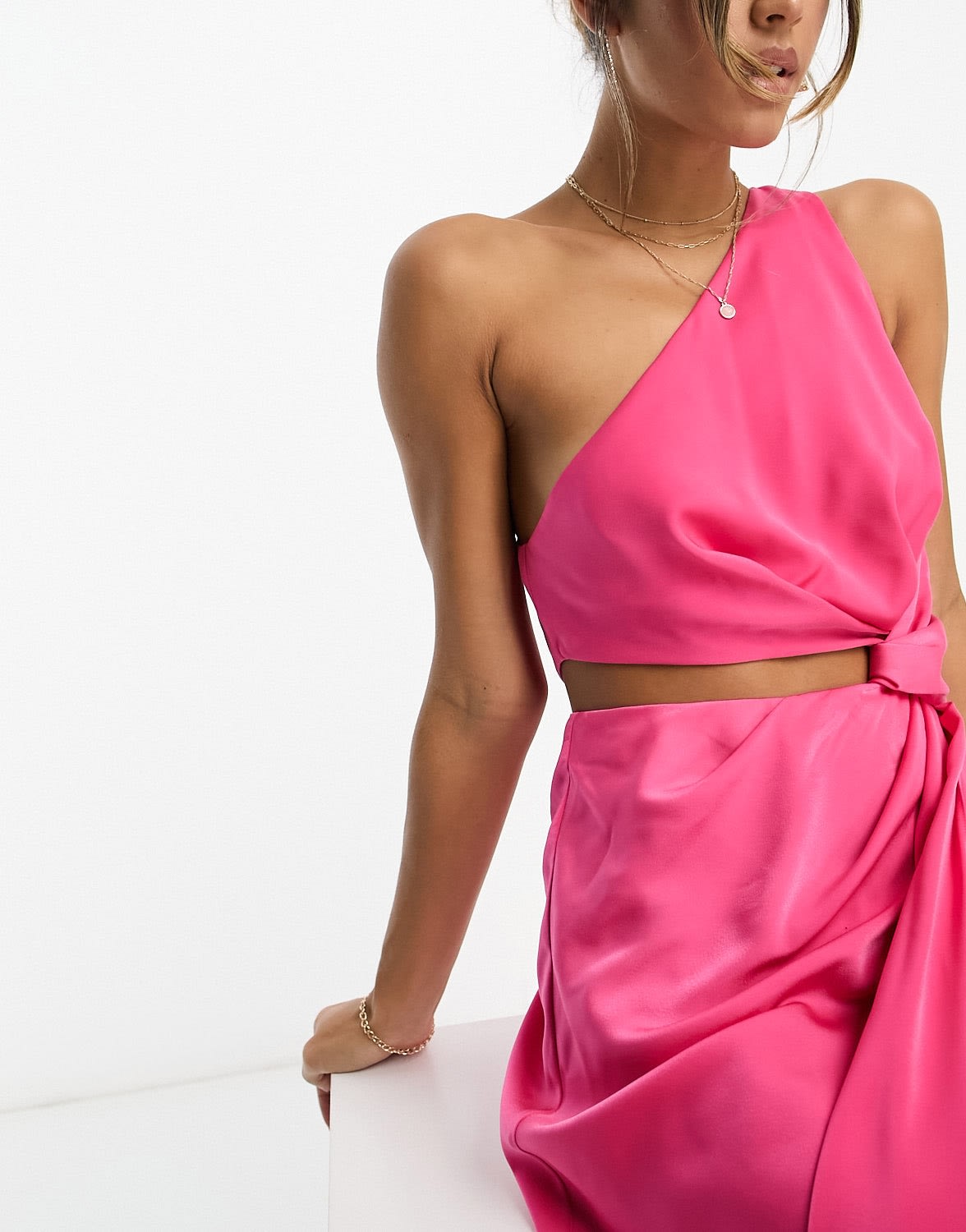 ASOS DESIGN knot detail midaxi dress with cut out detail in pink