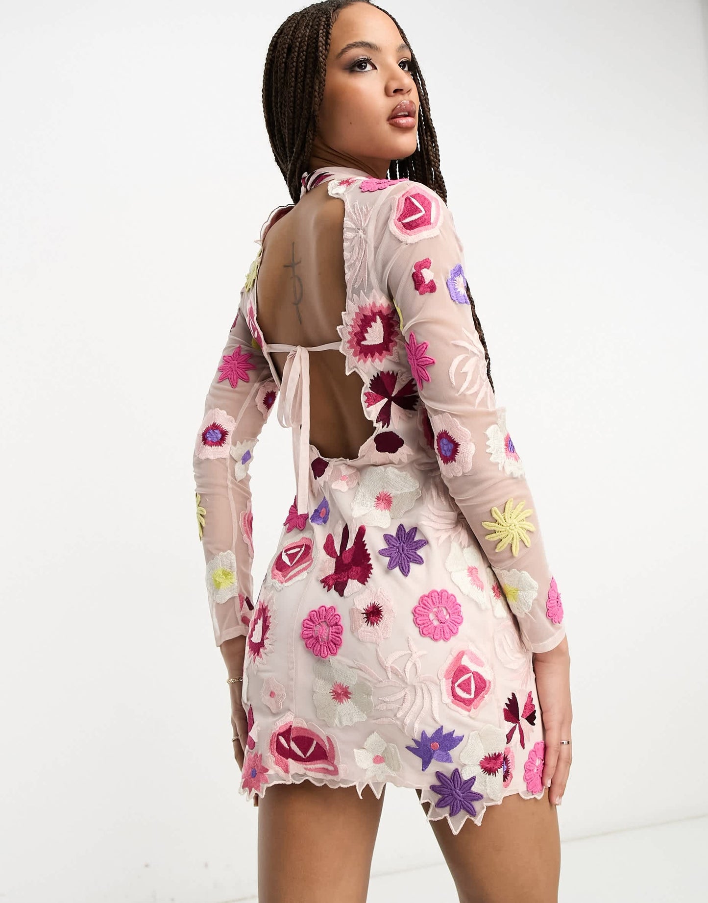 Miss Selfridge Premium embroidered floral long sleeve back detail mini dress in light pink