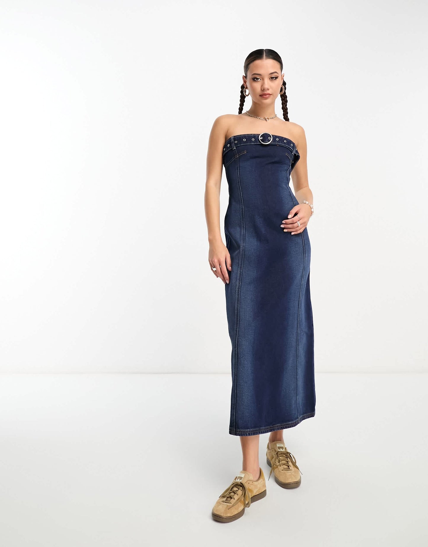 COLLUSION festival belted bandeau midi denim dress in Y2K blue