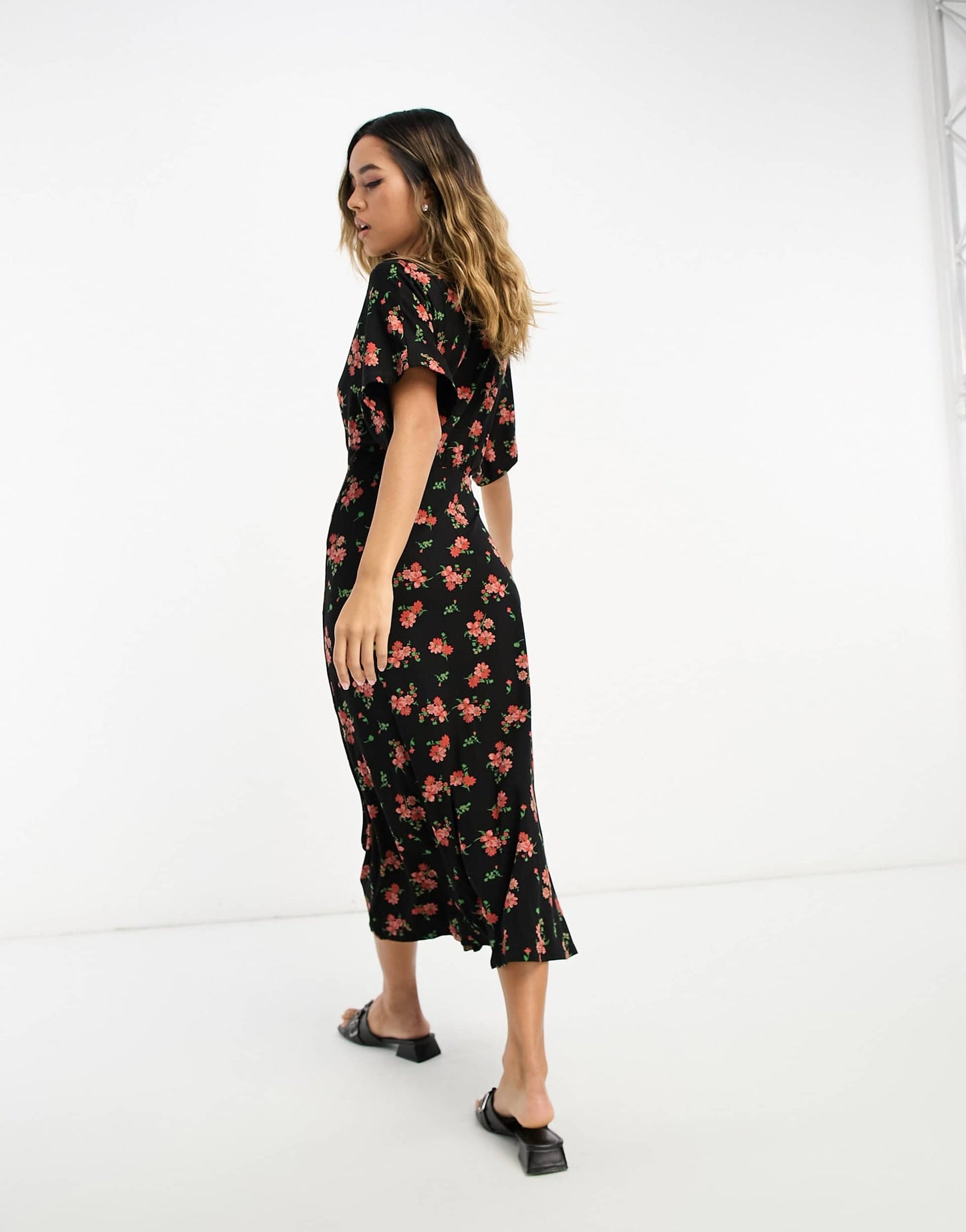 ASOS DESIGN flutter sleeve midi tea dress with buttons in black floral print