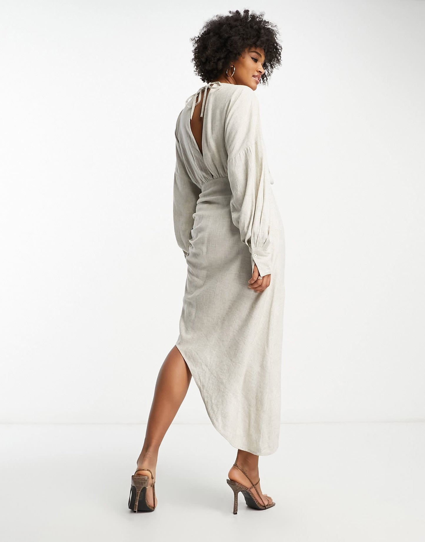 ASOS DESIGN Tall linen batwing tie side midi dress with asymmetric skirt in natural