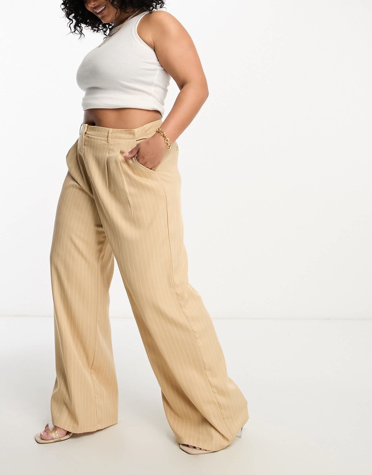 In The Style Plus x Georgia Louise high waist tailored trouser in cream pinstripe