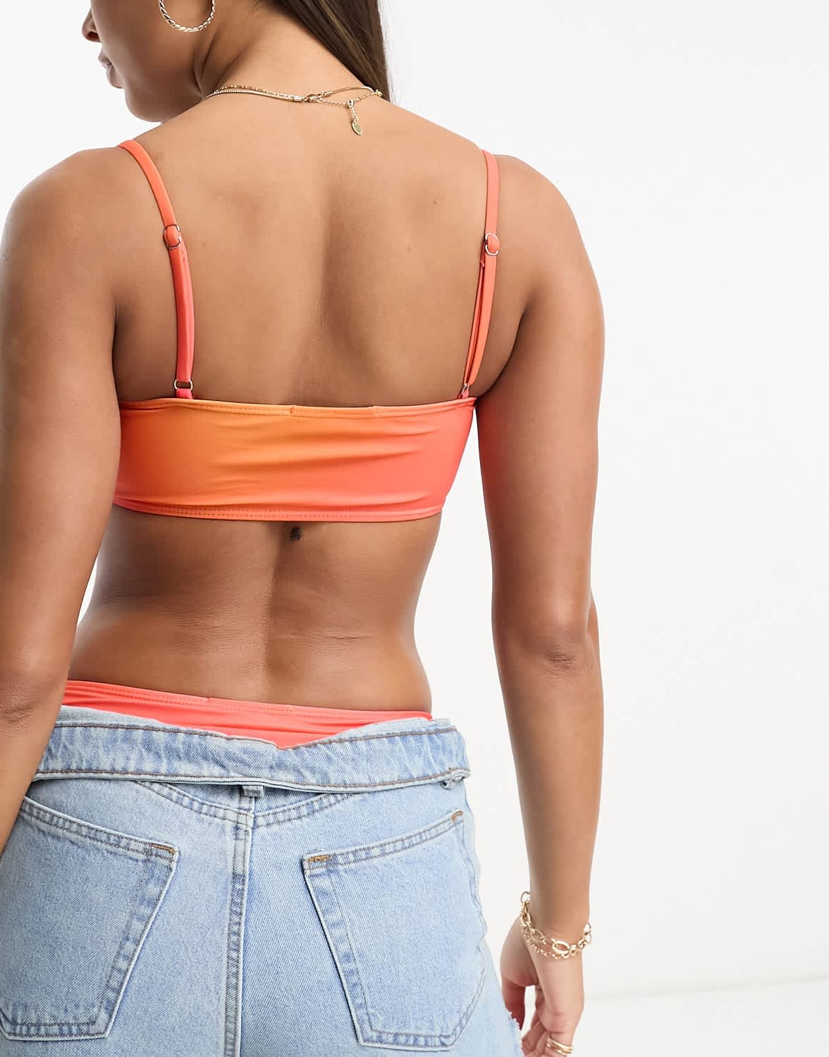 In The Style ruched tie front bikini top co-ord in ombre tie dye