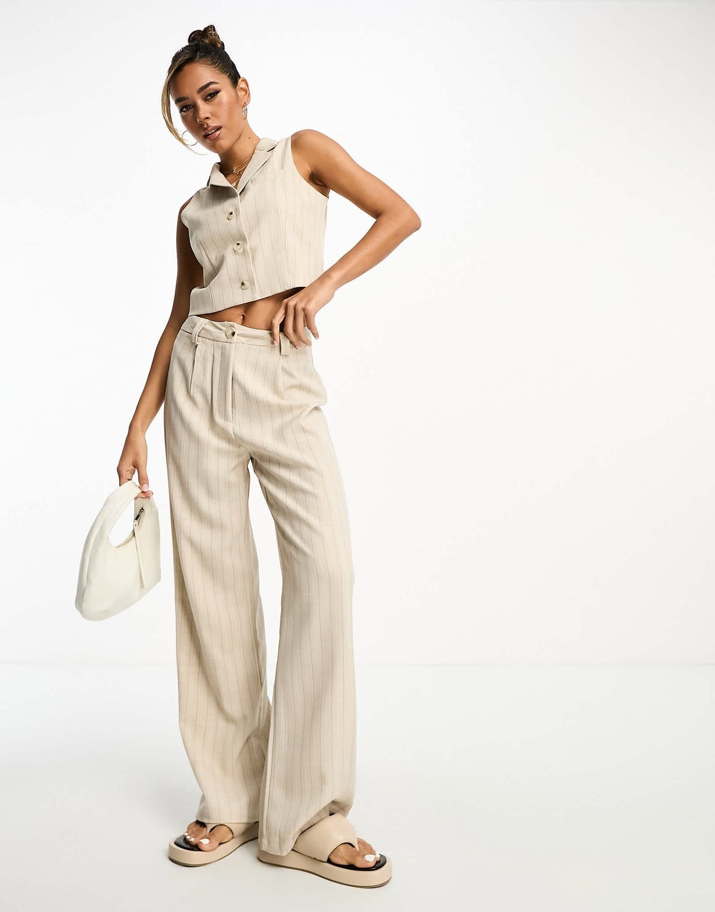Miss Selfridge co-ord tailored wide leg trouser in taupe pinstripe
