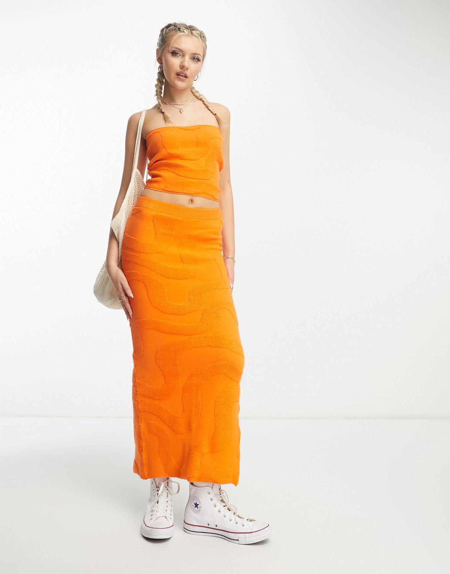 Bailey Rose bandeau crop top in orange wavy knit co-ord